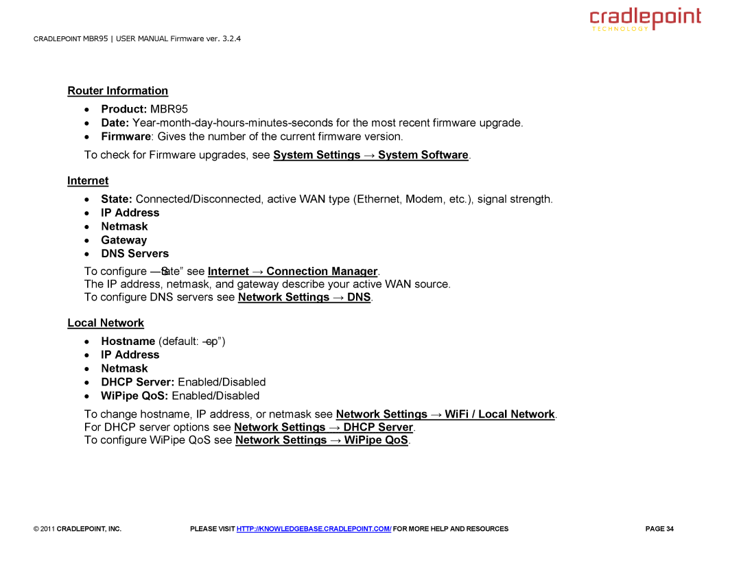 Cradlepoint manual Router Information ∙ Product MBR95, Local Network, ∙ IP Address ∙ Netmask 