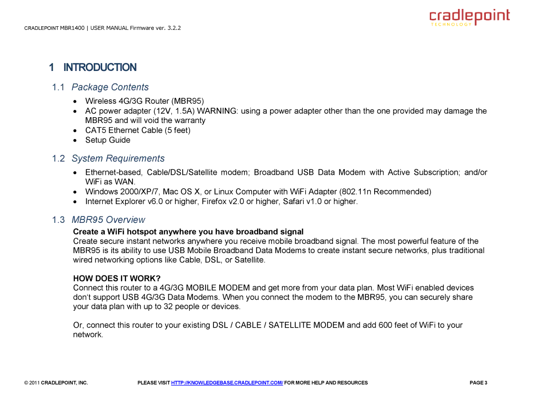 Cradlepoint manual Package Contents, System Requirements, MBR95 Overview 