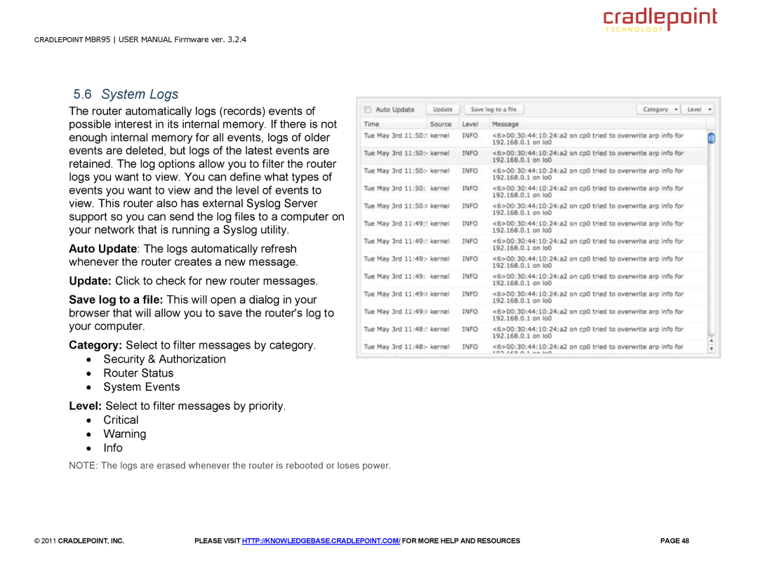 Cradlepoint MBR95 manual System Logs 