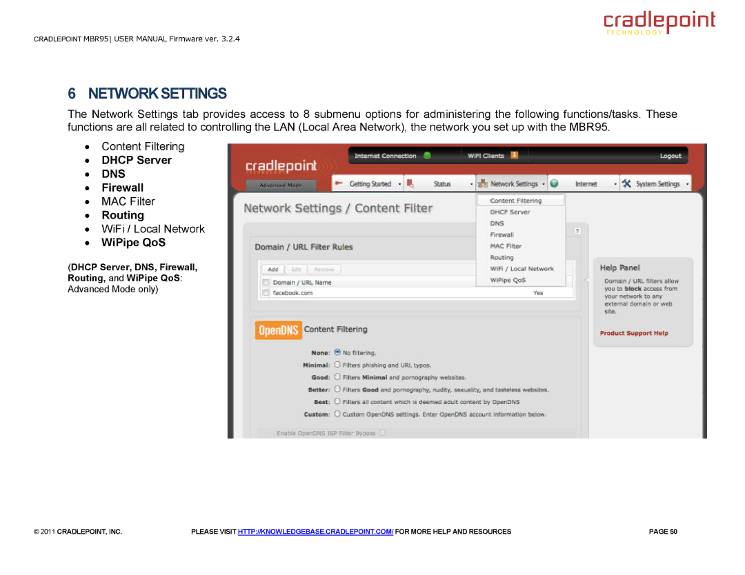 Cradlepoint MBR95 manual ∙ Dhcp Server, ∙ Dns, ∙ Firewall, ∙ Routing, ∙ WiPipe QoS 