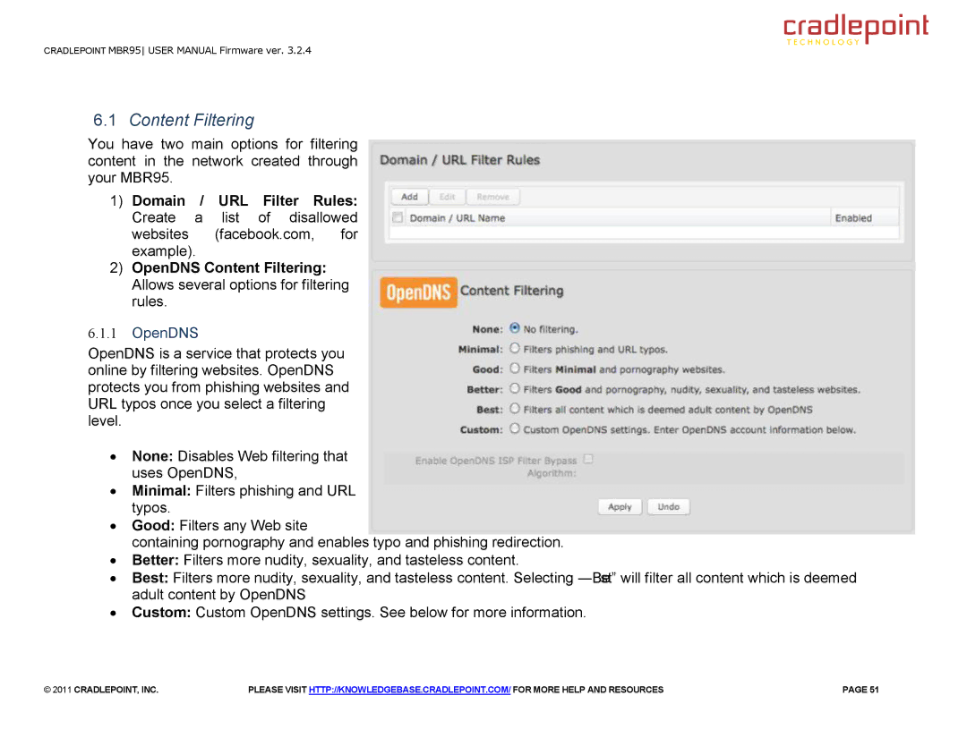 Cradlepoint MBR95 manual Content Filtering, OpenDNS 