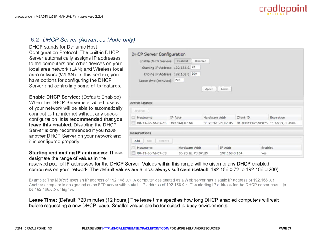 Cradlepoint MBR95 manual Dhcp Server Advanced Mode only 