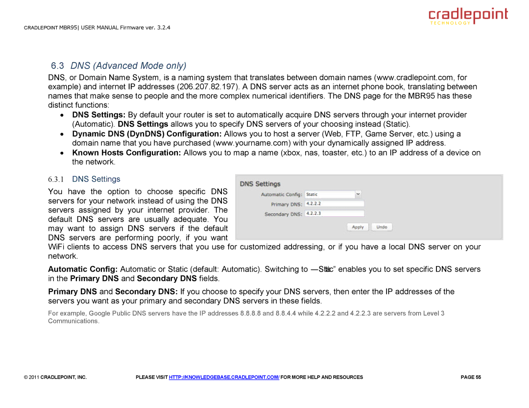 Cradlepoint MBR95 manual DNS Advanced Mode only, DNS Settings 