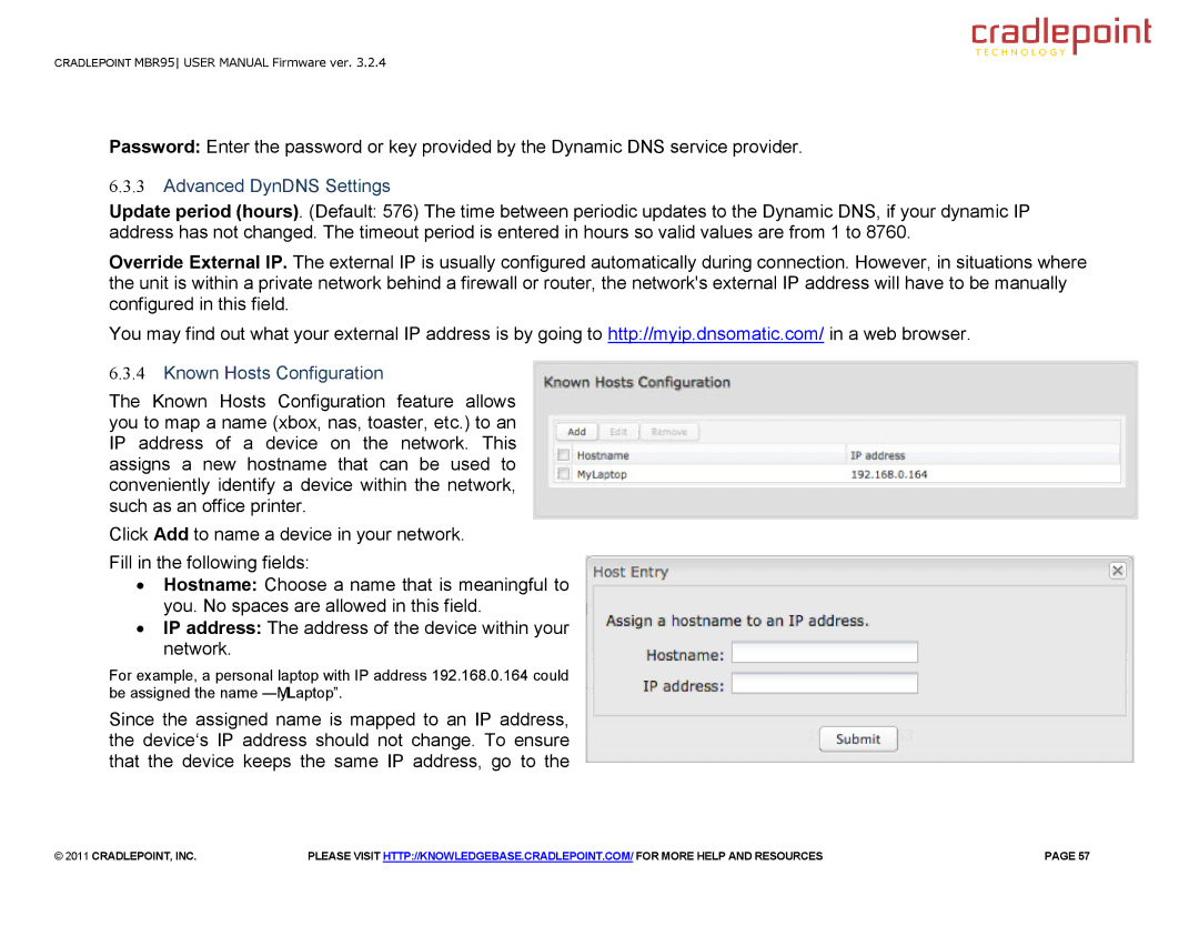 Cradlepoint MBR95 manual Advanced DynDNS Settings, Known Hosts Configuration 