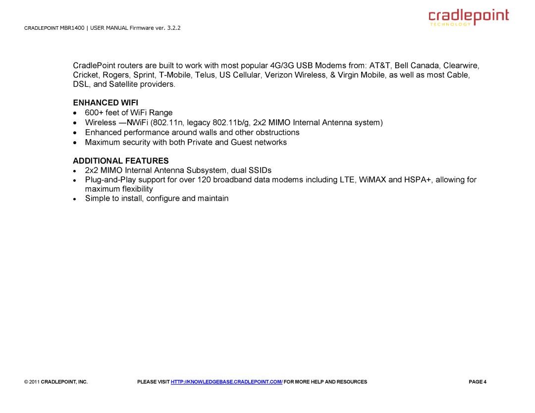 Cradlepoint MBR95 manual Enhanced Wifi, Additional Features 