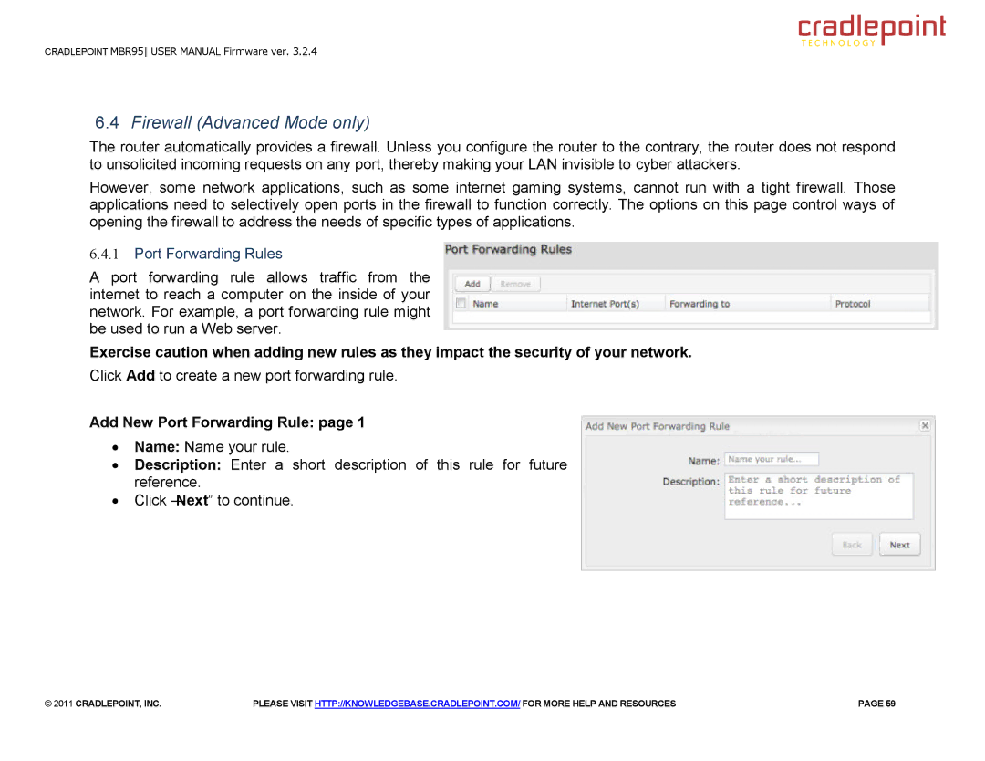 Cradlepoint MBR95 manual Firewall Advanced Mode only, Port Forwarding Rules, Add New Port Forwarding Rule 