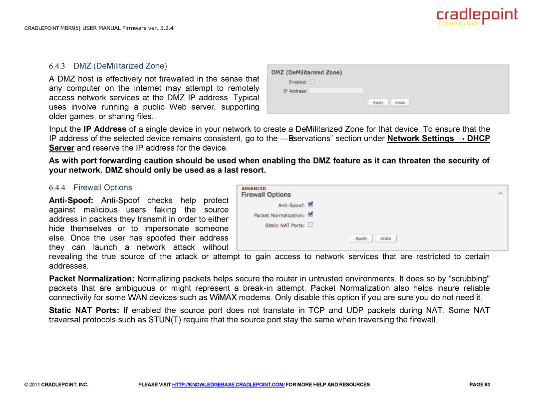 Cradlepoint MBR95 manual DMZ DeMilitarized Zone, Firewall Options 