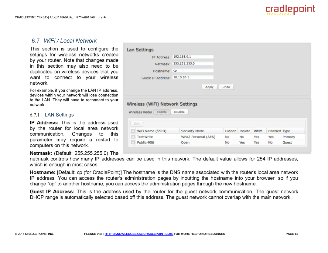 Cradlepoint MBR95 manual WiFi / Local Network, LAN Settings 