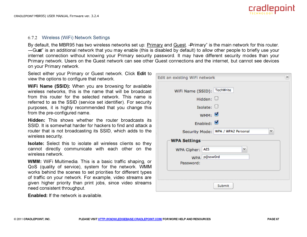 Cradlepoint MBR95 manual Wireless WiFi Network Settings 