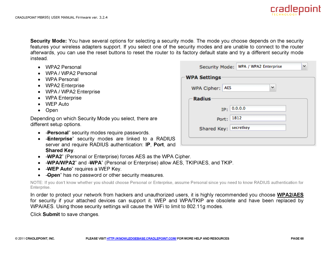 Cradlepoint MBR95 manual Cradlepoint, Inc 