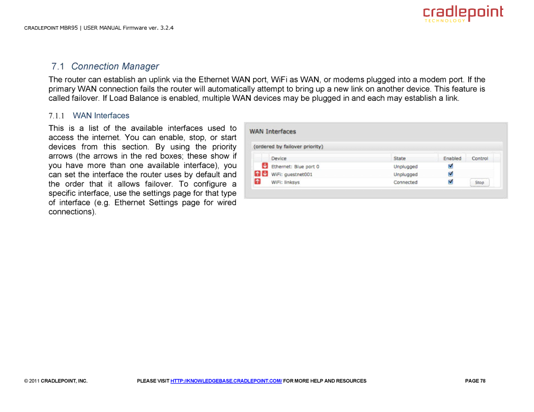 Cradlepoint MBR95 manual Connection Manager, WAN Interfaces 