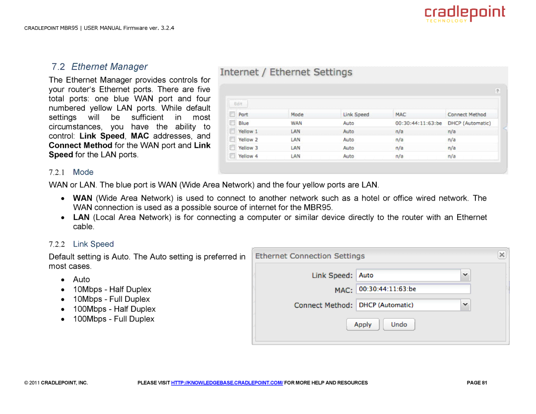 Cradlepoint MBR95 manual Ethernet Manager, Mode, Link Speed 