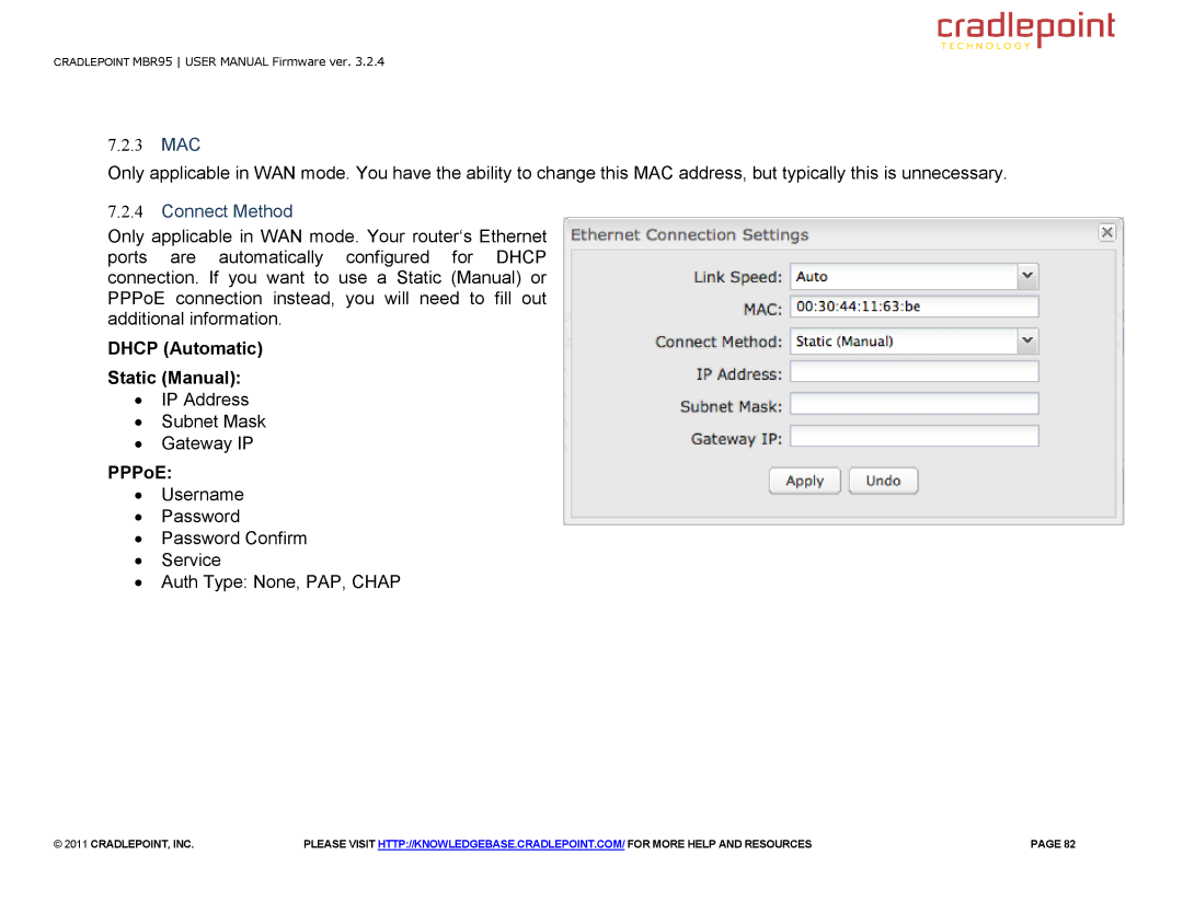 Cradlepoint MBR95 manual 3 MAC, Connect Method, Dhcp Automatic Static Manual, PPPoE 