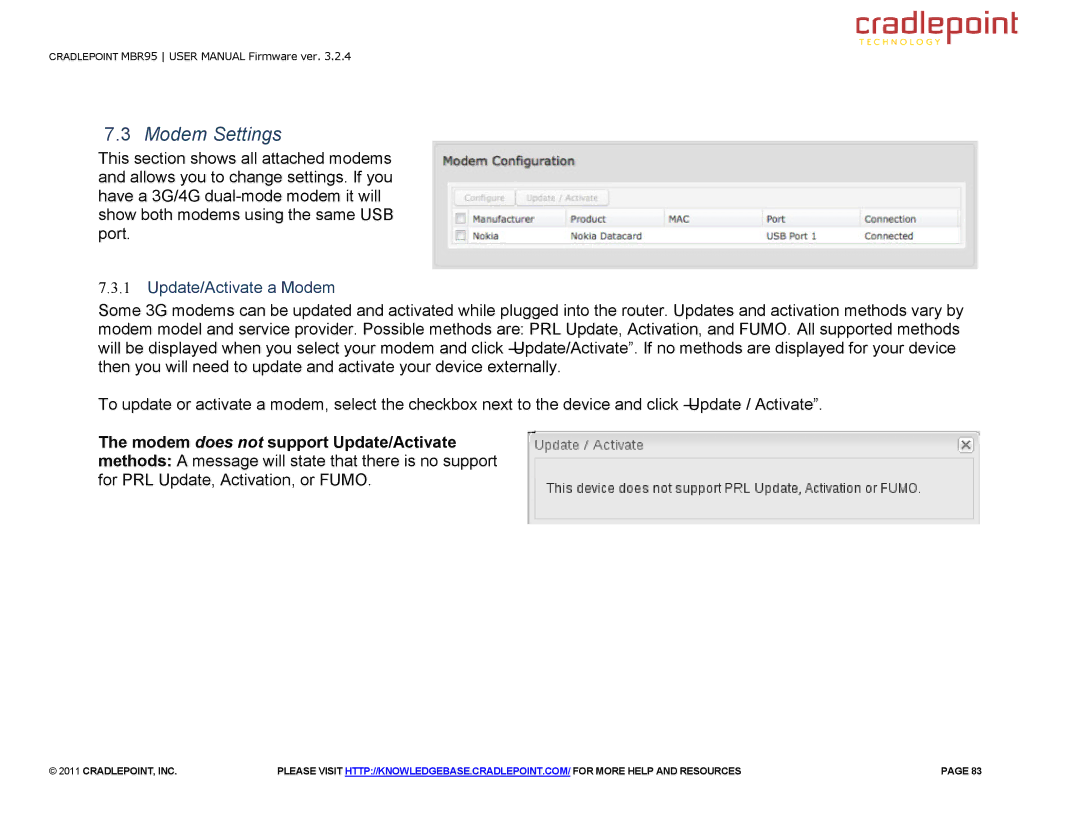 Cradlepoint MBR95 manual Modem Settings, Update/Activate a Modem 