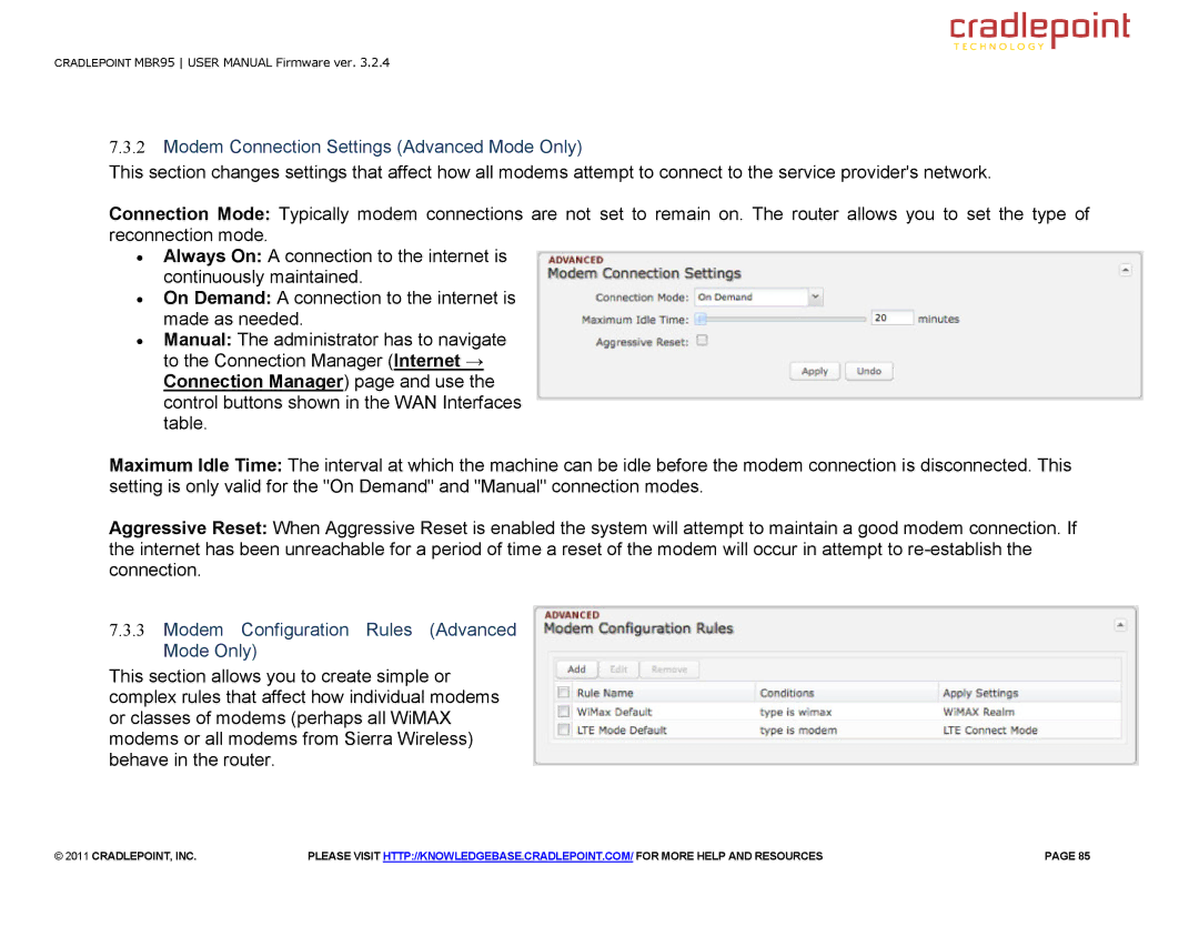 Cradlepoint MBR95 manual Modem Connection Settings Advanced Mode Only, Modem Configuration Rules Advanced Mode Only 