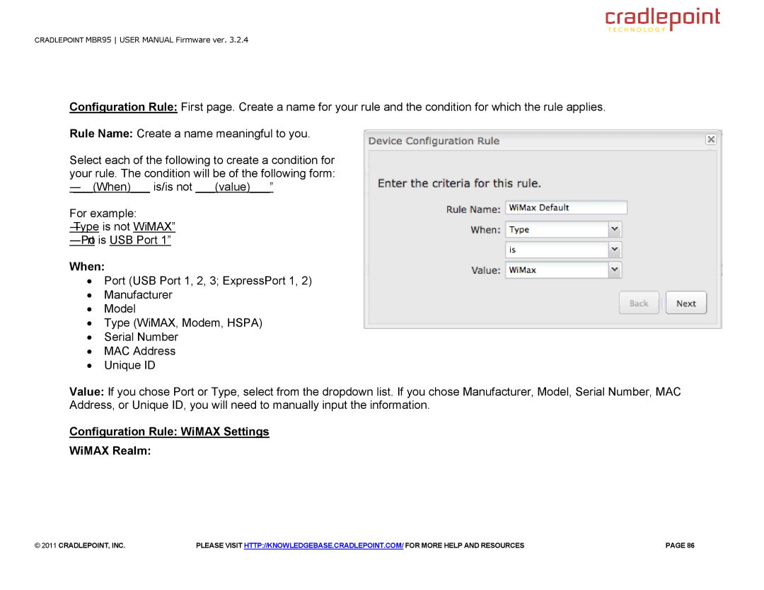 Cradlepoint MBR95 manual When, Configuration Rule WiMAX Settings WiMAX Realm 