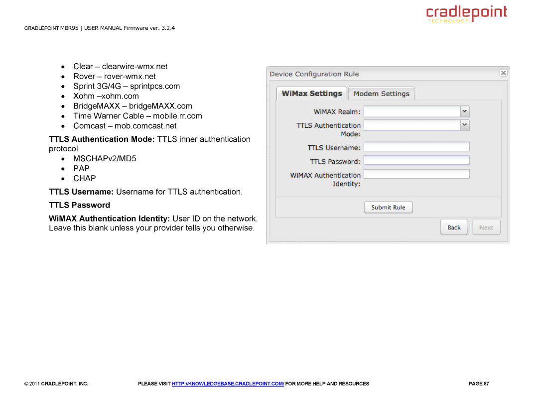 Cradlepoint MBR95 manual Ttls Authentication Mode Ttls inner authentication protocol 