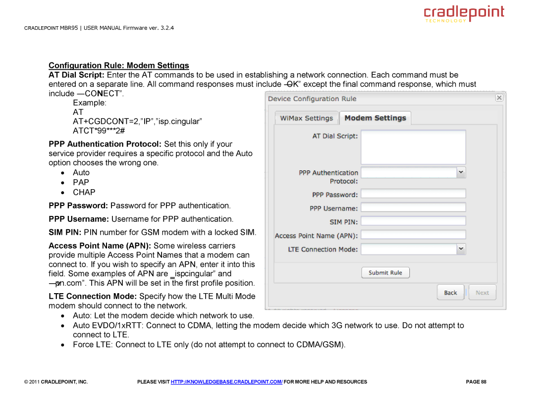 Cradlepoint MBR95 manual Configuration Rule Modem Settings 