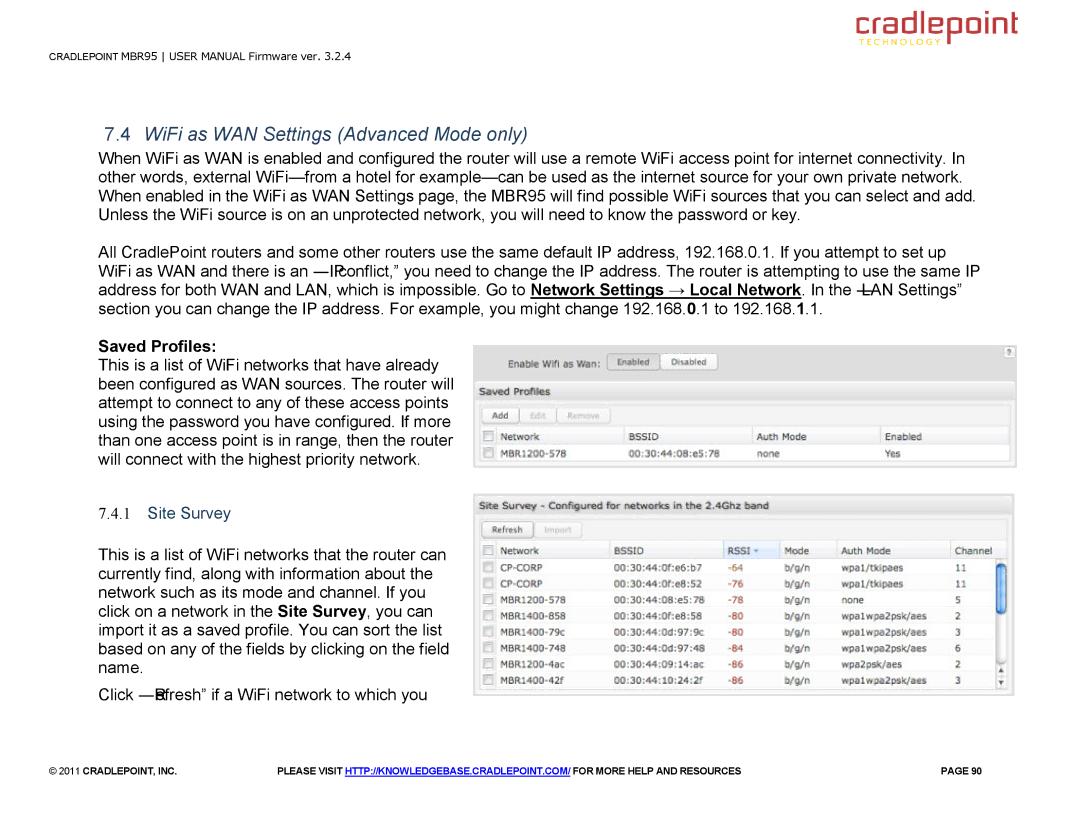 Cradlepoint MBR95 manual WiFi as WAN Settings Advanced Mode only, Saved Profiles, Site Survey 