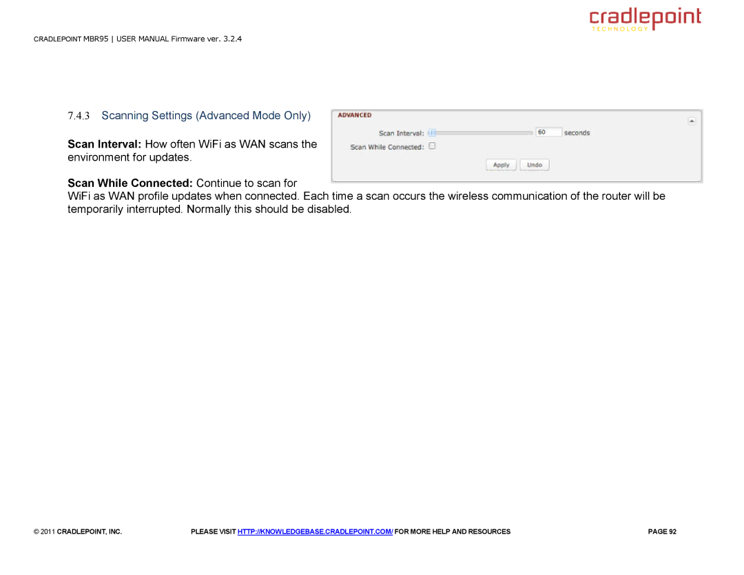 Cradlepoint MBR95 manual Scanning Settings Advanced Mode Only, Scan While Connected Continue to scan for 