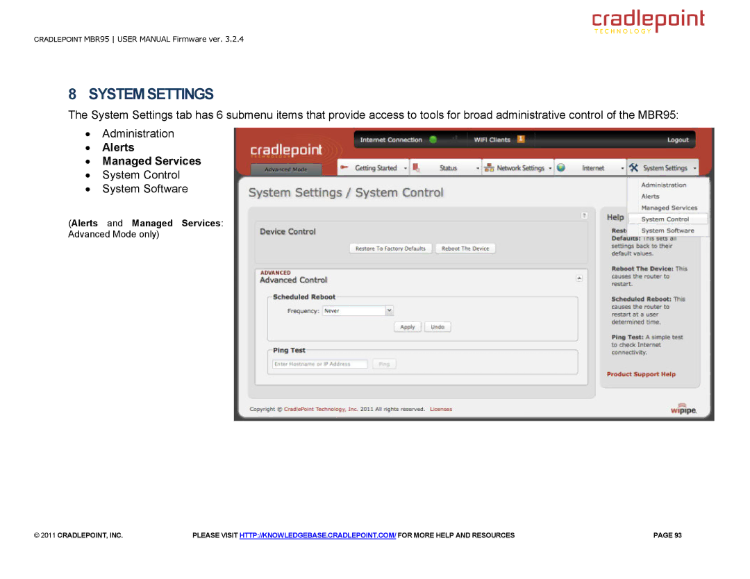 Cradlepoint MBR95 manual System Settings, ∙ Alerts ∙ Managed Services 