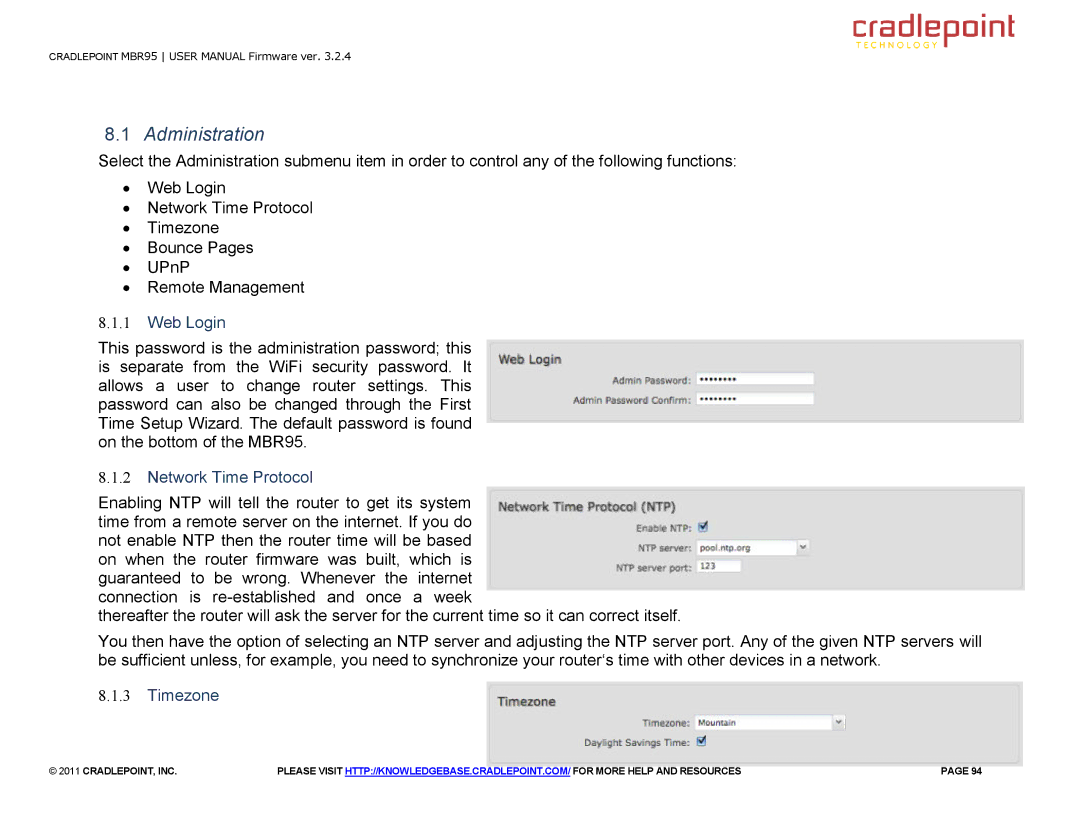 Cradlepoint MBR95 manual Administration, Web Login, Network Time Protocol, Timezone 