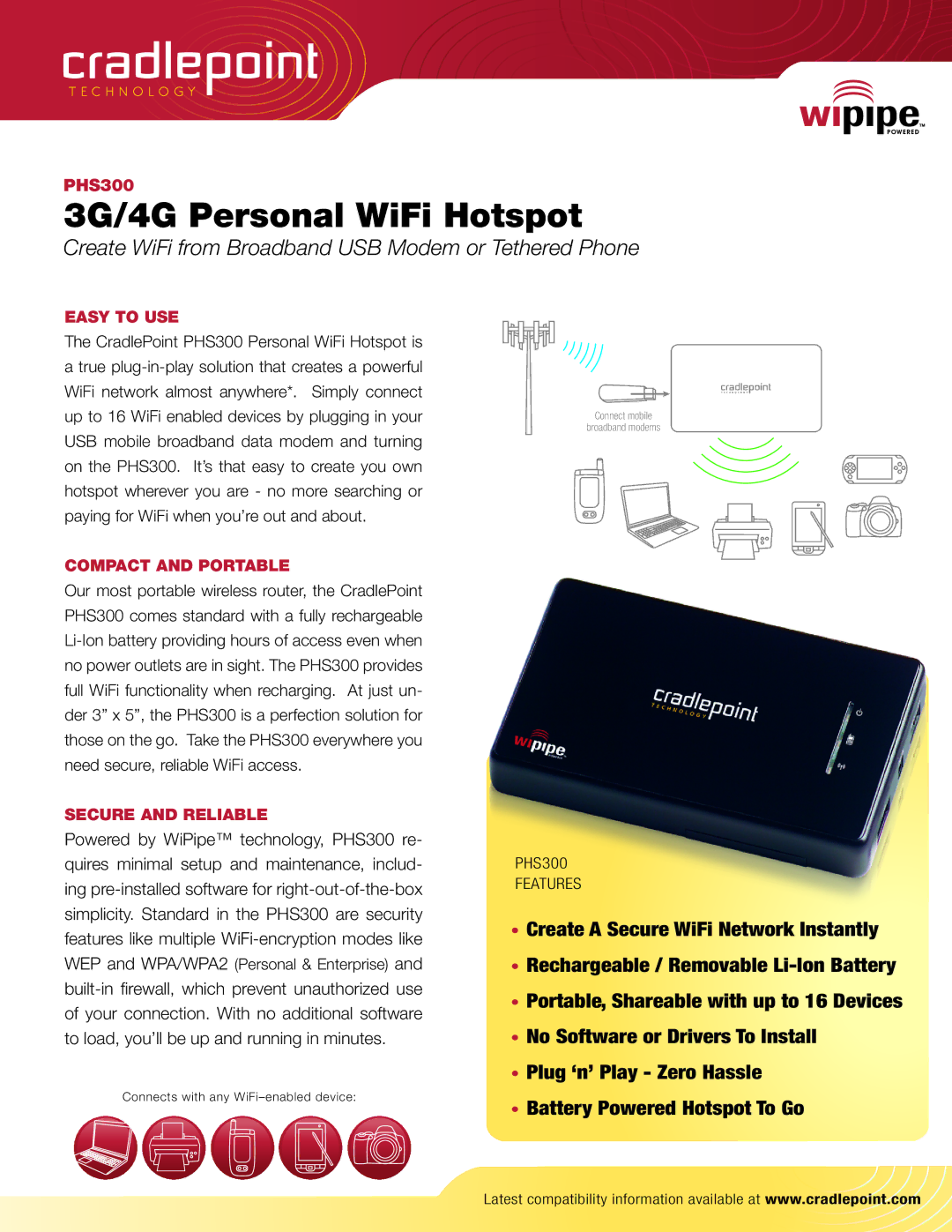 Cradlepoint PHS300, MBR1200, CBA250 manual 3G/4G Personal WiFi Hotspot 