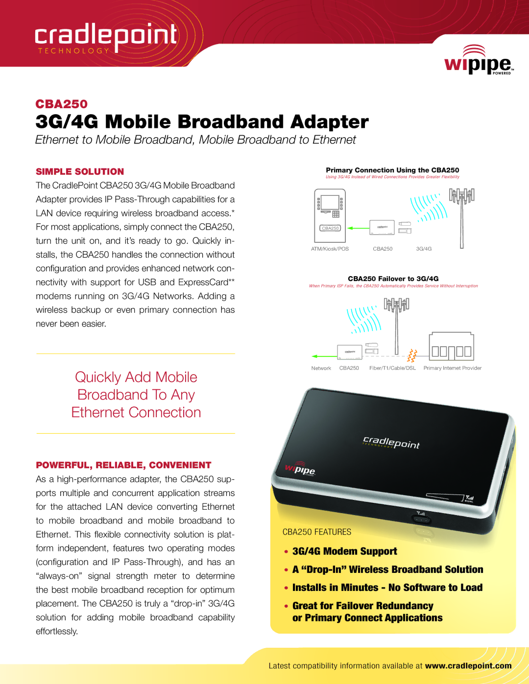 Cradlepoint CBA250, PHS300, MBR1200 manual 3G/4G Mobile Broadband Adapter 