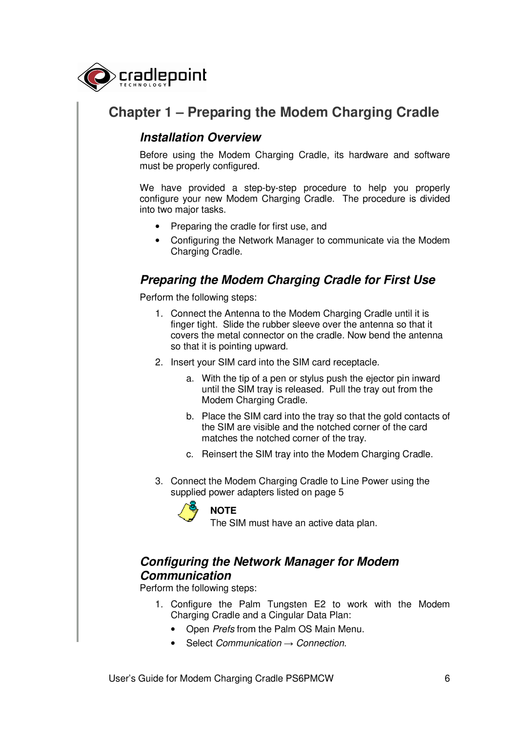 Cradlepoint PS6PMCW manual Installation Overview, Preparing the Modem Charging Cradle for First Use 