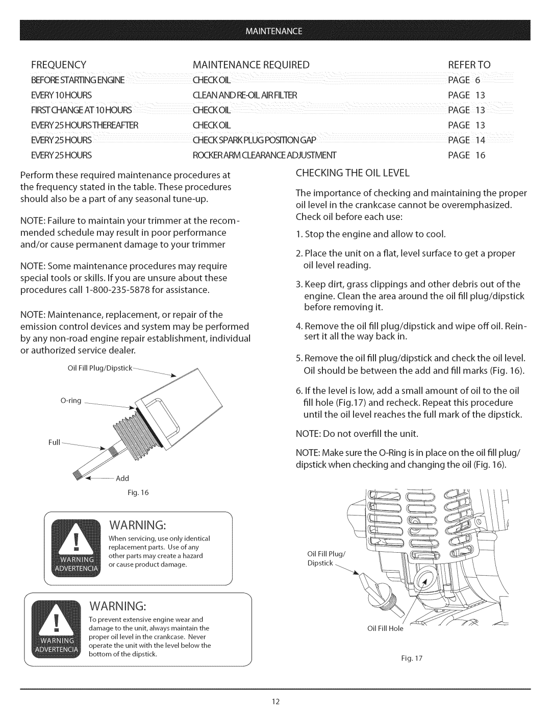 Craftsman 104.79211, 104.79212 warranty Checking the OIL Level 