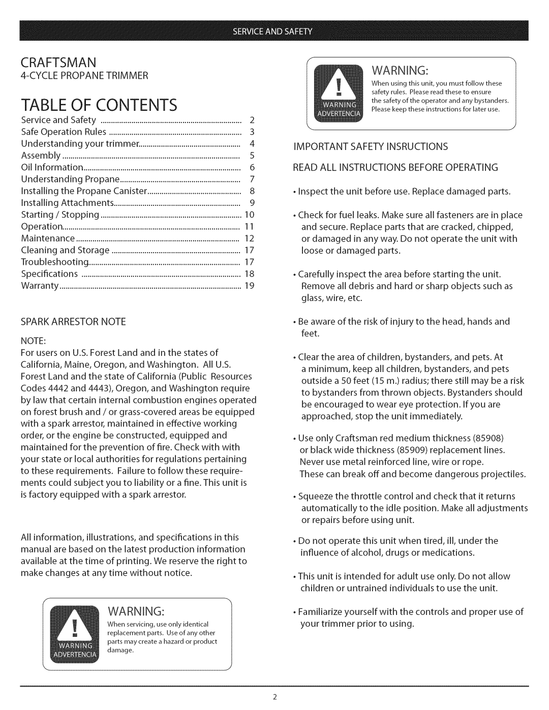 Craftsman 104.79211, 104.79212 warranty Table of Contents 