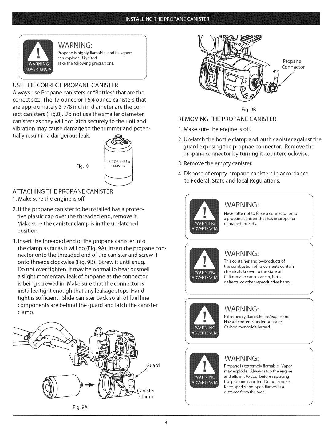 Craftsman 104.79211 USE the Correct Propane Canister, Attaching the Propane Canister, Removing the Propane Canister 