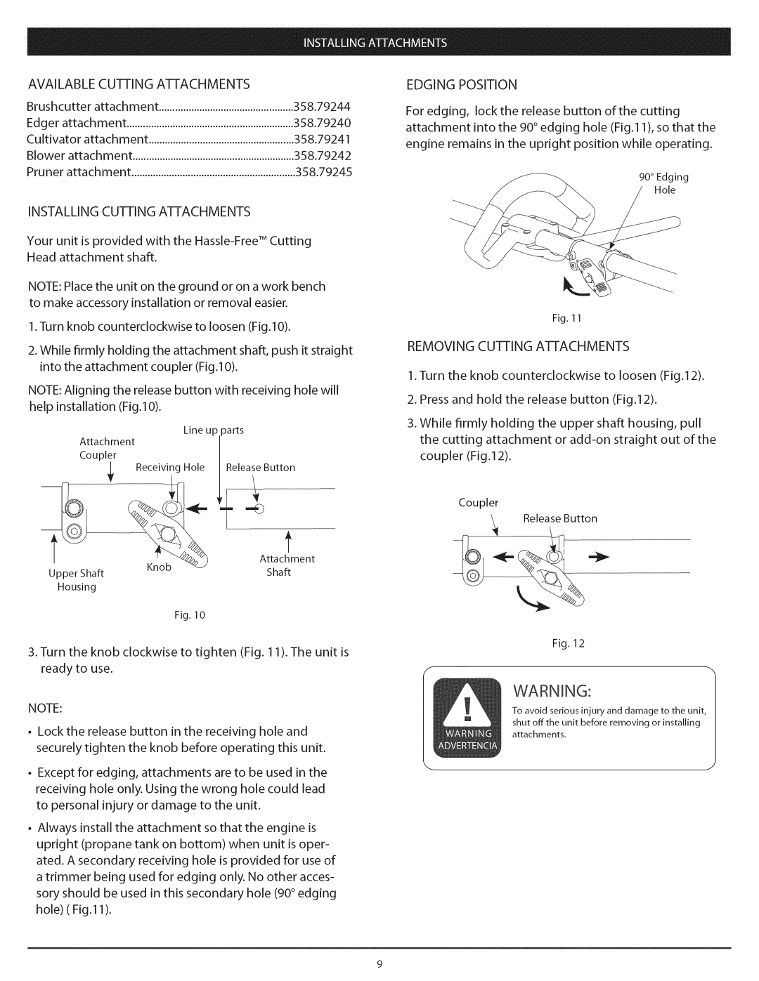 Craftsman 104.79212, 104.79211 warranty Available Cutting Attachments, Installing Cutting Attachments, Edging Position 