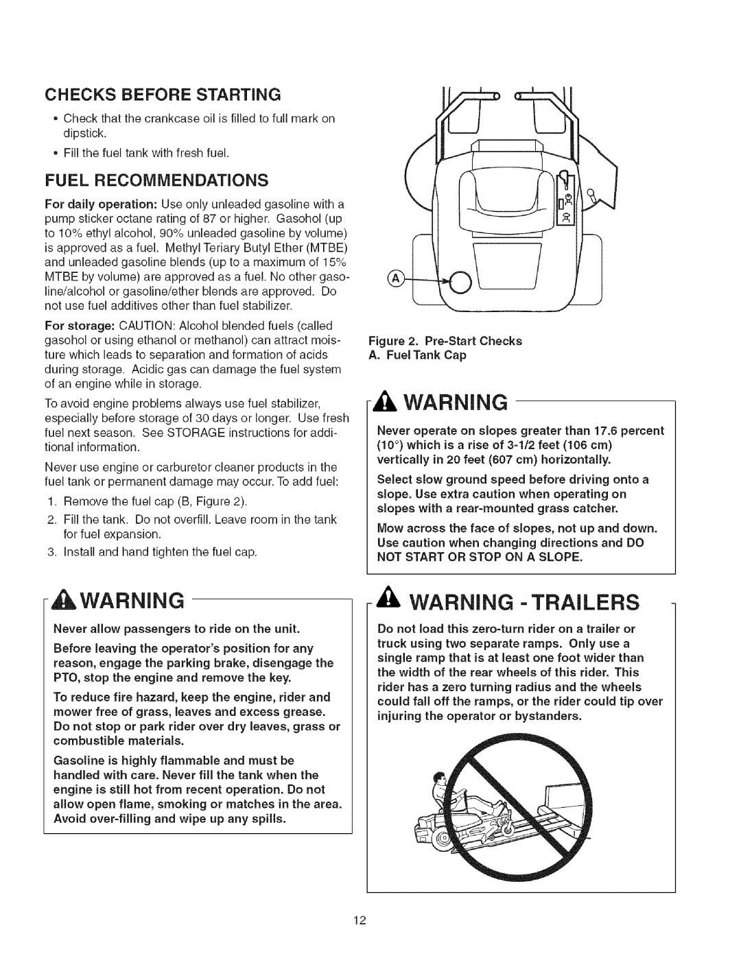 Craftsman 107.27768 Checks Before Starting, Fuel Recommendations, Do not stop or park rider over dry leaves, grass or 