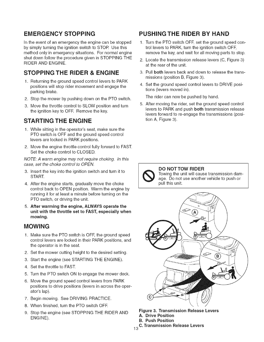 Craftsman 107.27768 manual Emergency Stopping, Stopping the Rider & Engine, Starting the Engine, Mowing 