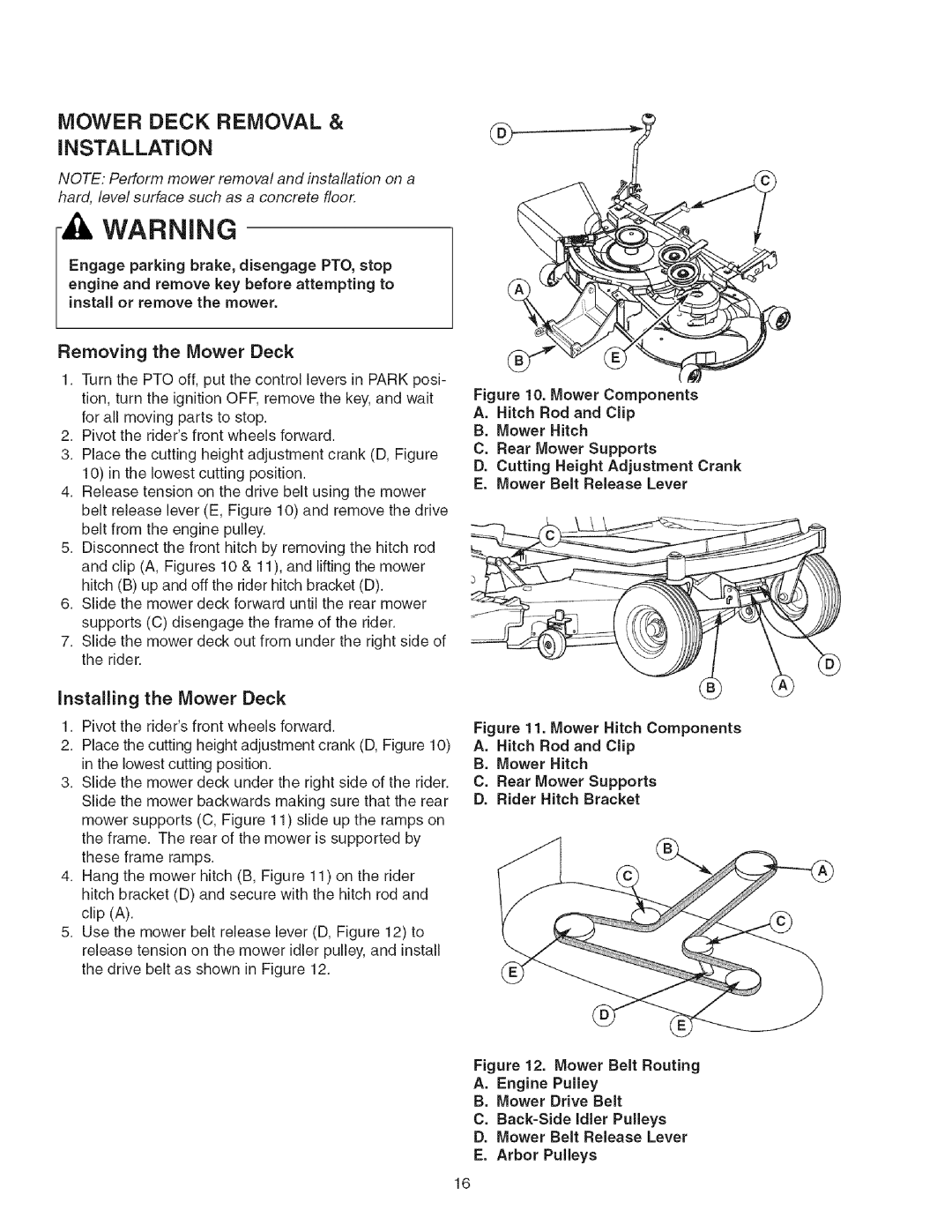 Craftsman 107.27768 manual Mower Deck Removal Installation, Removing the Mower Deck, Installing the Mower Deck 