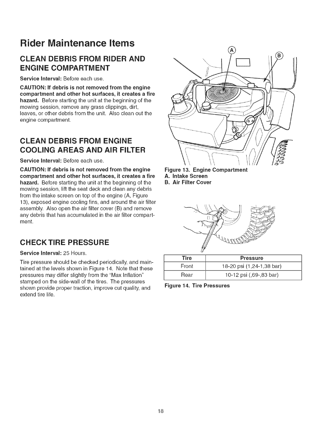 Craftsman 107.27768 Clean Debris from Rider and Engine Compartment, Clean Debris from Engine Cooling Areas and AIR Filter 