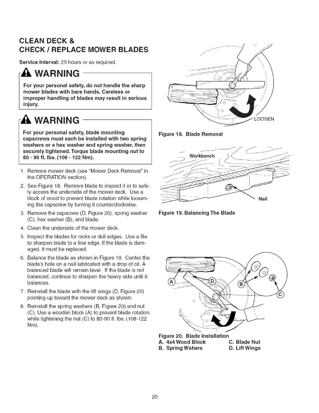 Craftsman 107.27768 manual Clean Deck Check / Replace Mower Blades, Blade Removal Workbench 