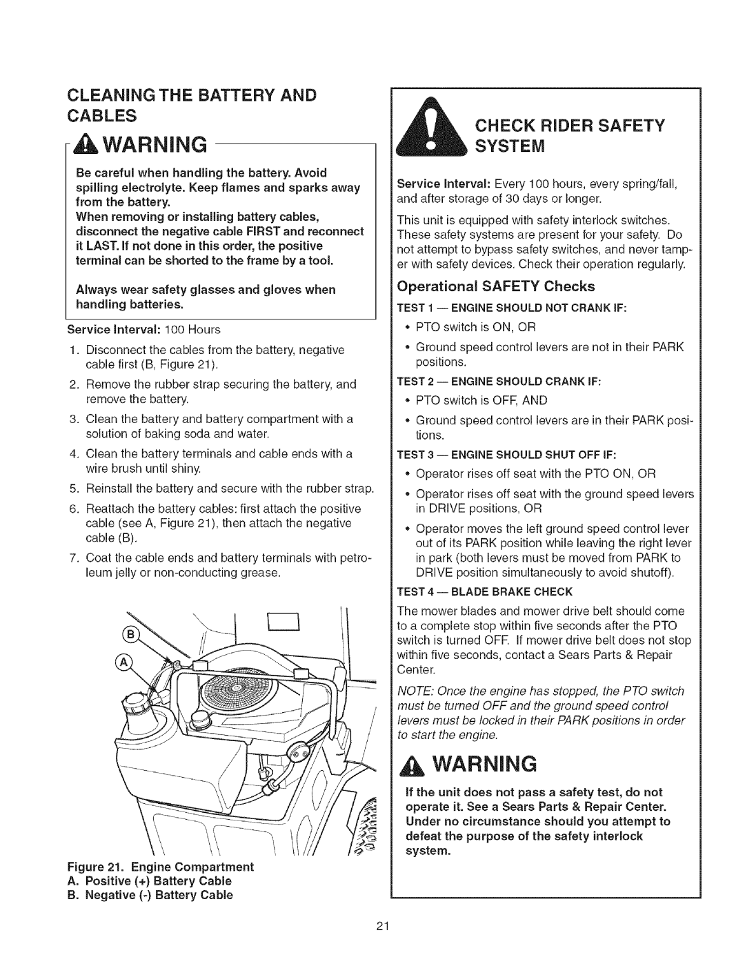 Craftsman 107.27768 manual Cleaning the Battery and Cables, Check Rider Safety System, Operational Safety Checks 