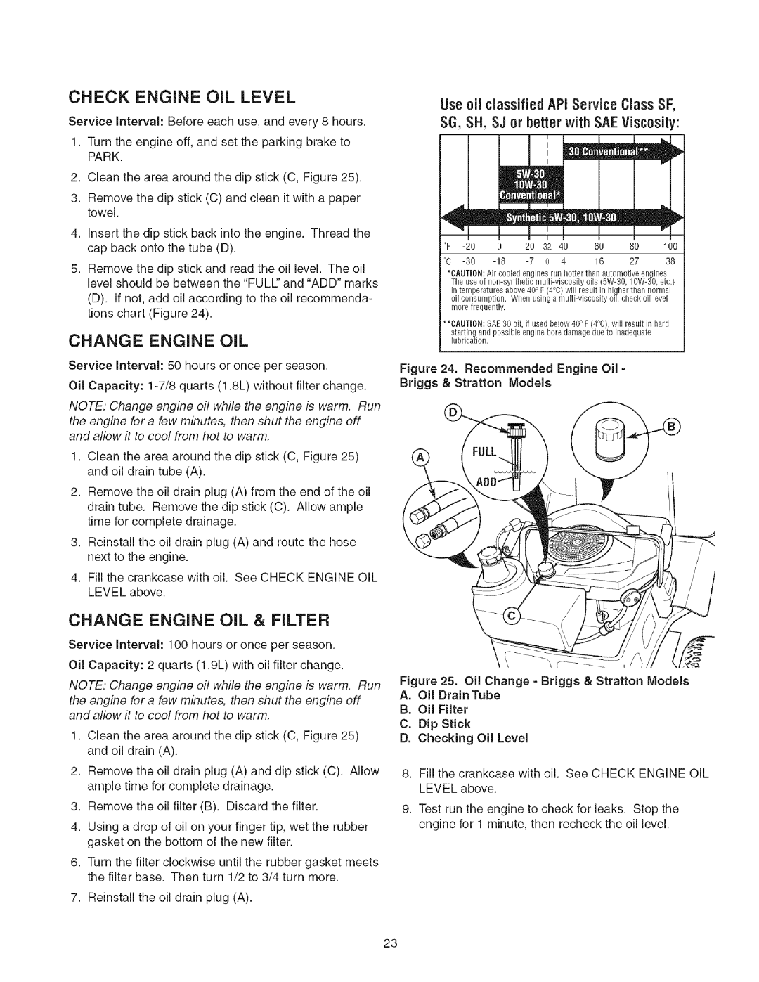 Craftsman 107.27768 manual Check Engine OIL Level, Change Engine OIL & Filter 