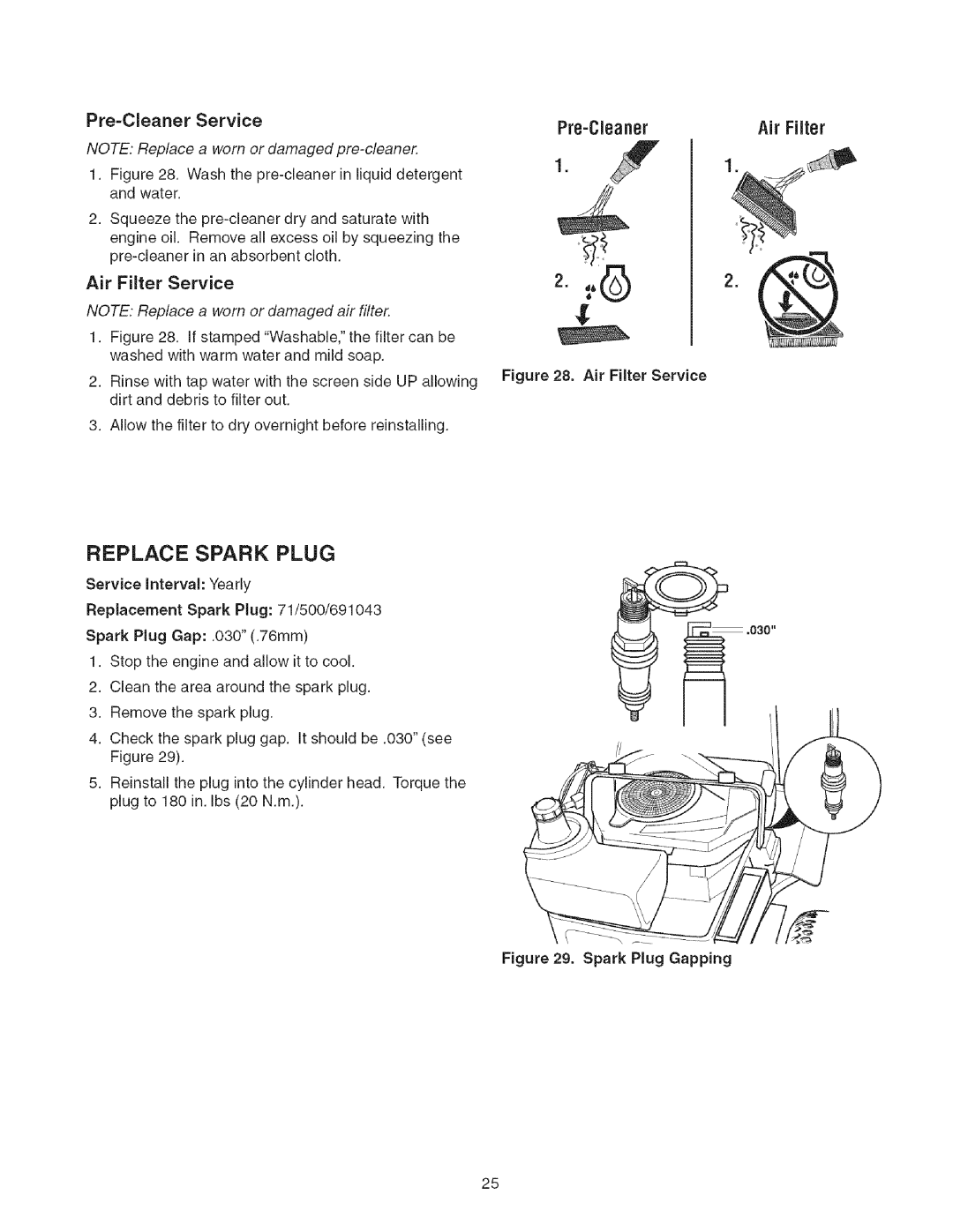 Craftsman 107.27768 manual Replace Spark Plug, Air Filter Service, Pre=Cleaner Service 