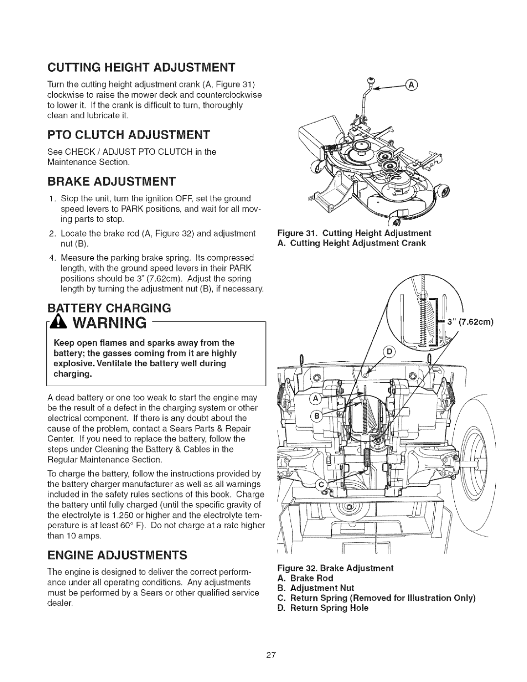 Craftsman 107.27768 manual Cutting Height Adjustment, PTO Clutch Adjustment, Brake Adjustment, Battery Charging 