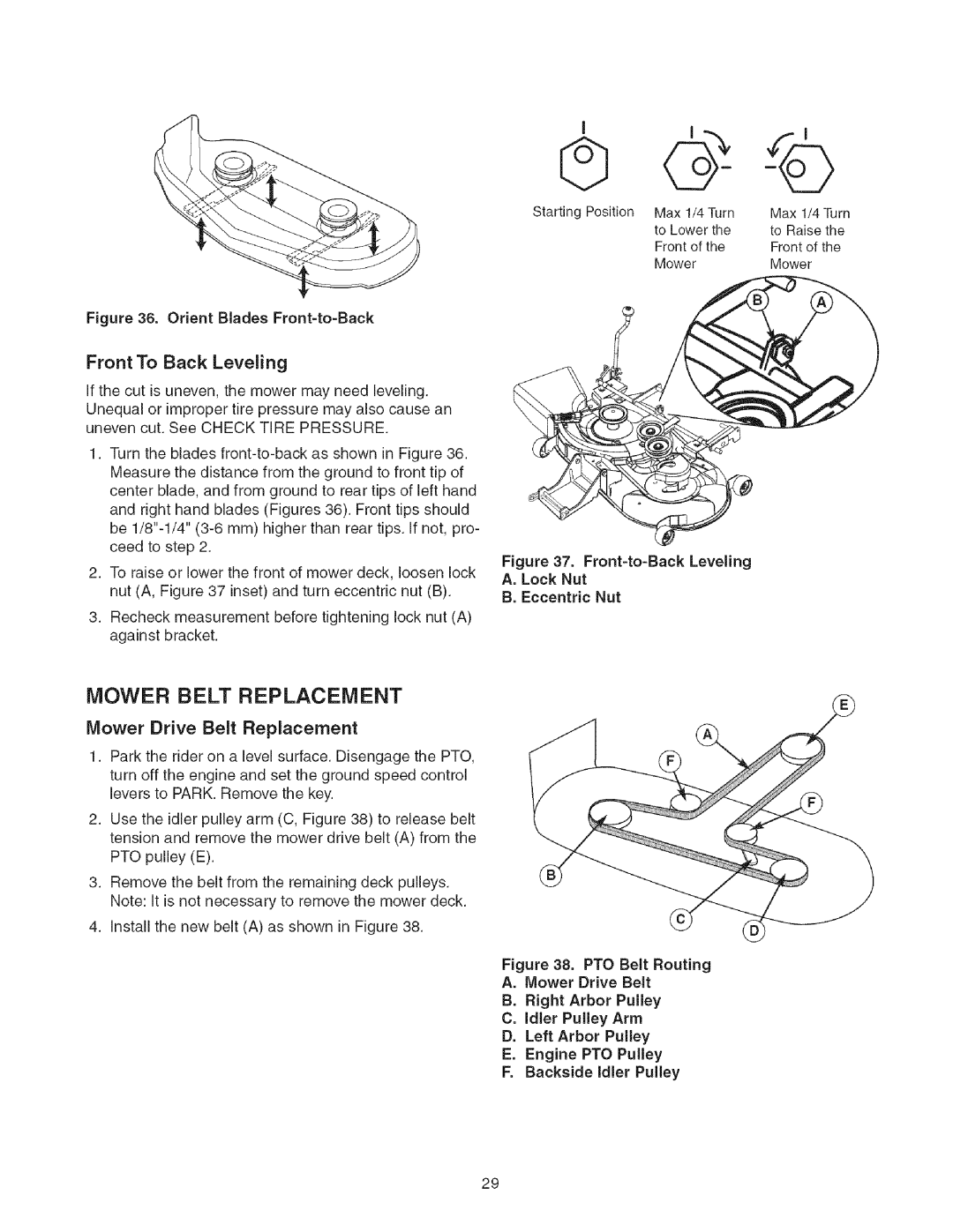 Craftsman 107.27768 manual Mower Belt Replacement, Front To Back Leveling, Backside idler Pulley 