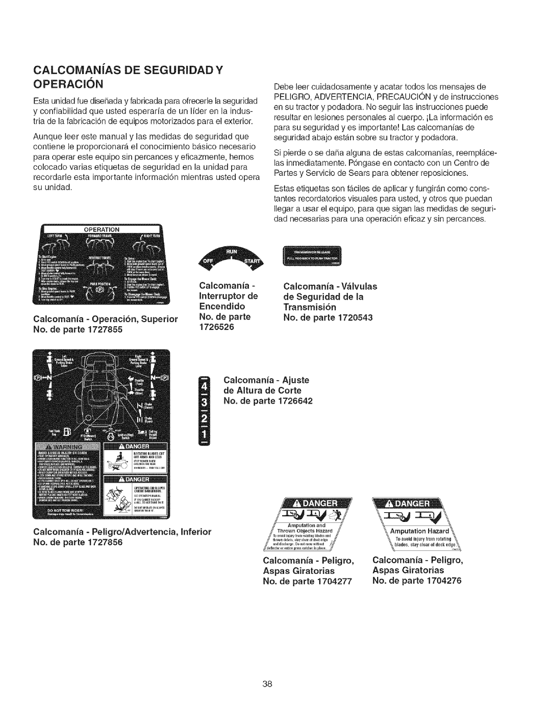 Craftsman 107.27768 manual Interruptor, Calcomania Peligro/Advertencia, inferior 