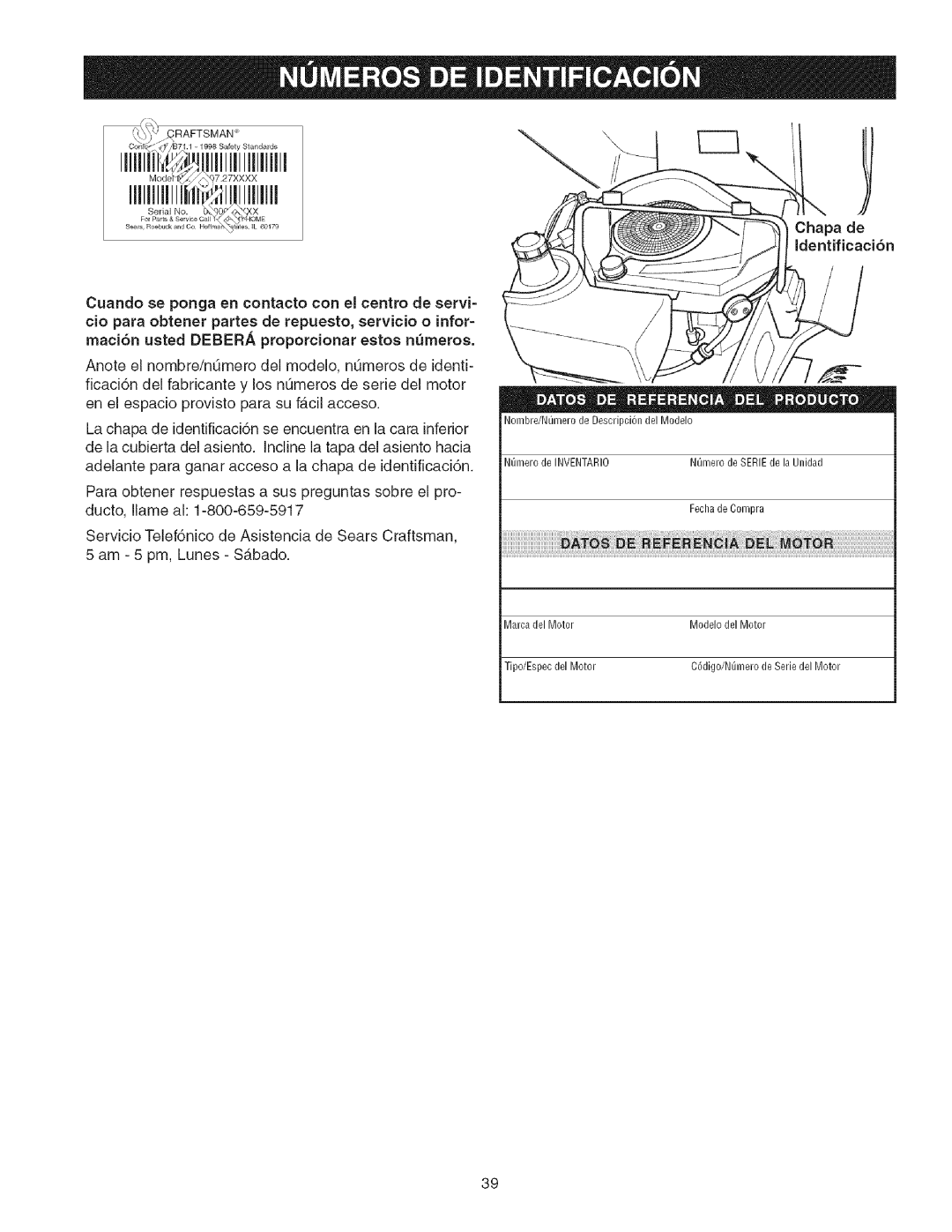 Craftsman 107.27768 manual Identificaci6n 