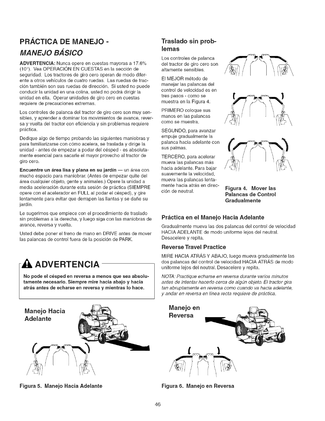 Craftsman 107.27768 manual PR. ,CTICA DE Ivianejo, Traslado sin prob=, Lemas, Manejo Hacia Manejo en Adelante, Reversa 