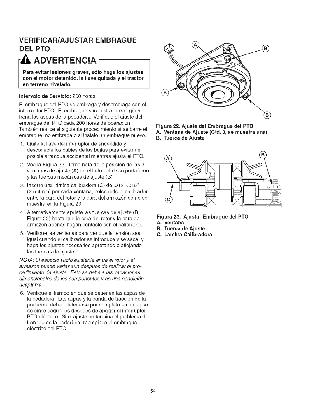 Craftsman 107.27768 manual VERIFICAR/AJUSTAR Embrague DEL PTO 