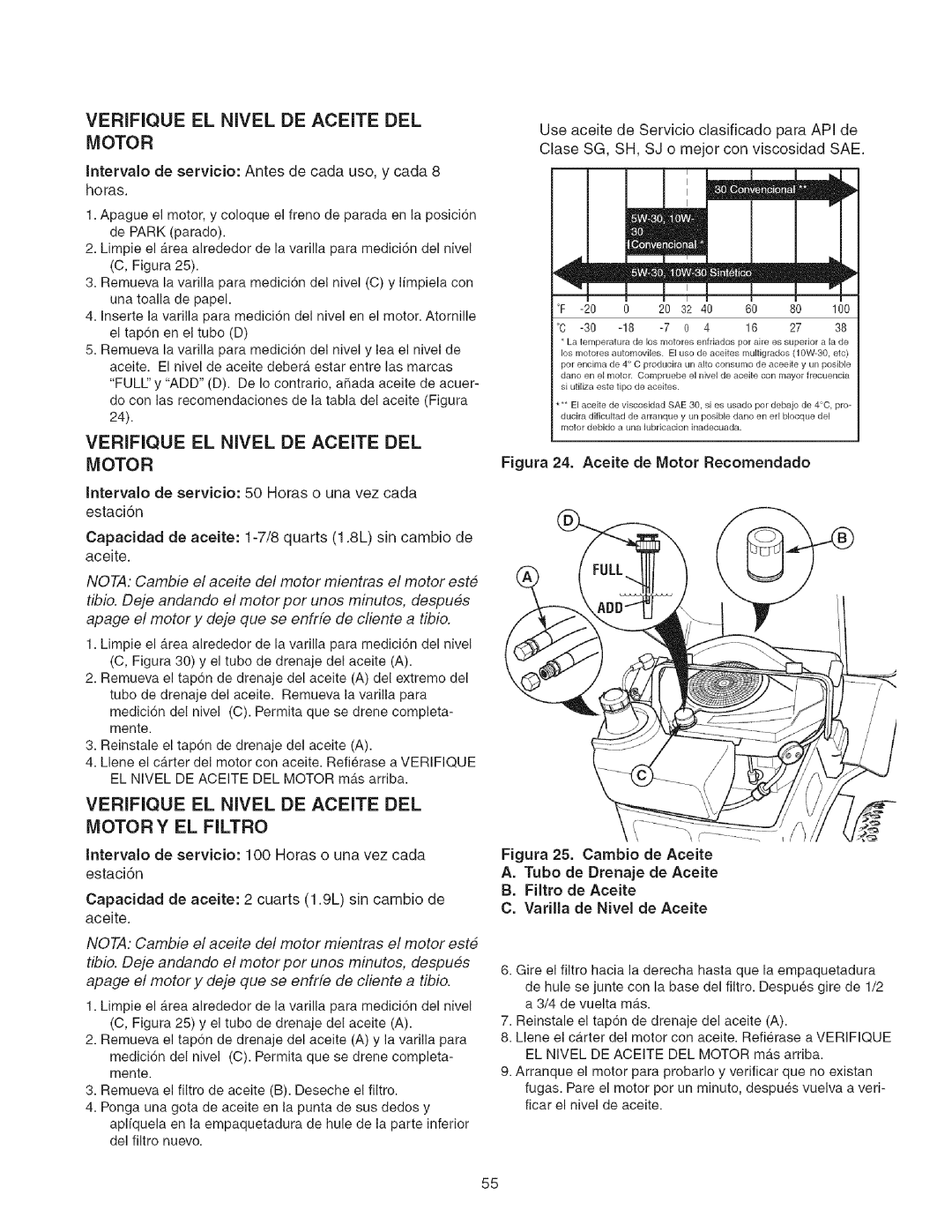 Craftsman 107.27768 manual Verifique EL Nivel DE Aceite DEL Motor 