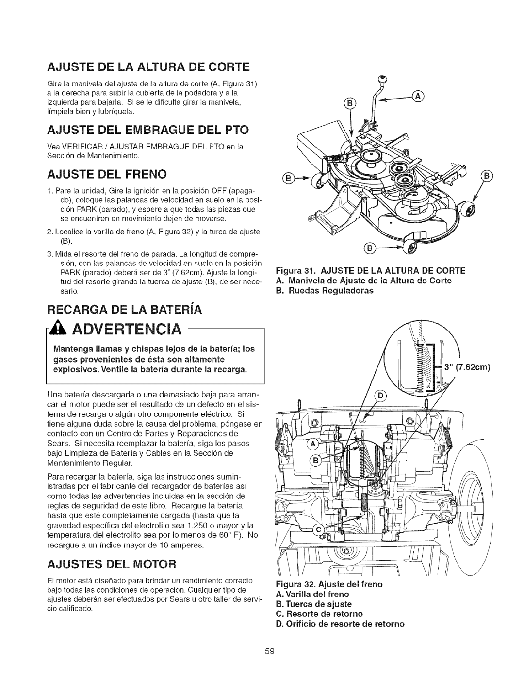 Craftsman 107.27768 manual Ajuste DE LA Altura DE Corte, Ajuste DEL Embrague DEL PTO, Ajuste DEL Freno, Ajustes DEL Motor 