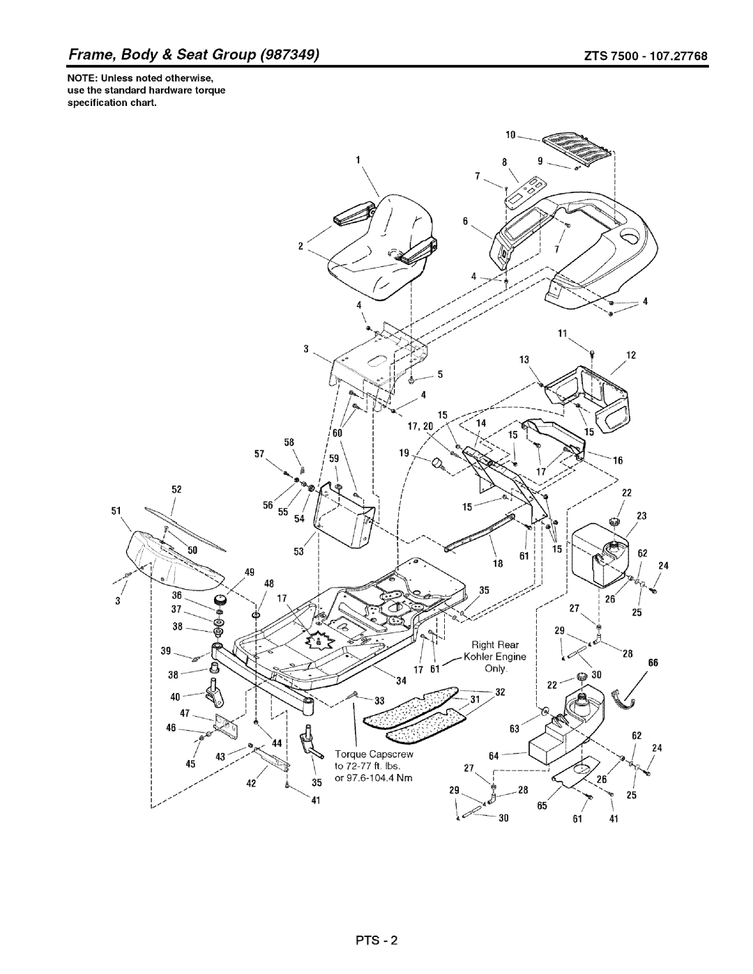 Craftsman 107.27768 manual Frame, Body & Seat Group, ZTS 7500 